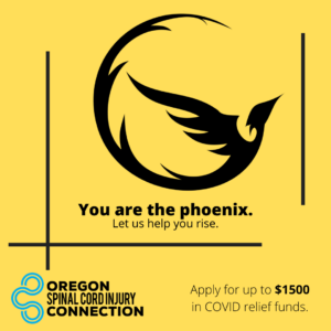 yellow square with black phoenix with text saying, you are the phoenix. let us help you rise. Apply for up to $1500 in COVID relief funds.