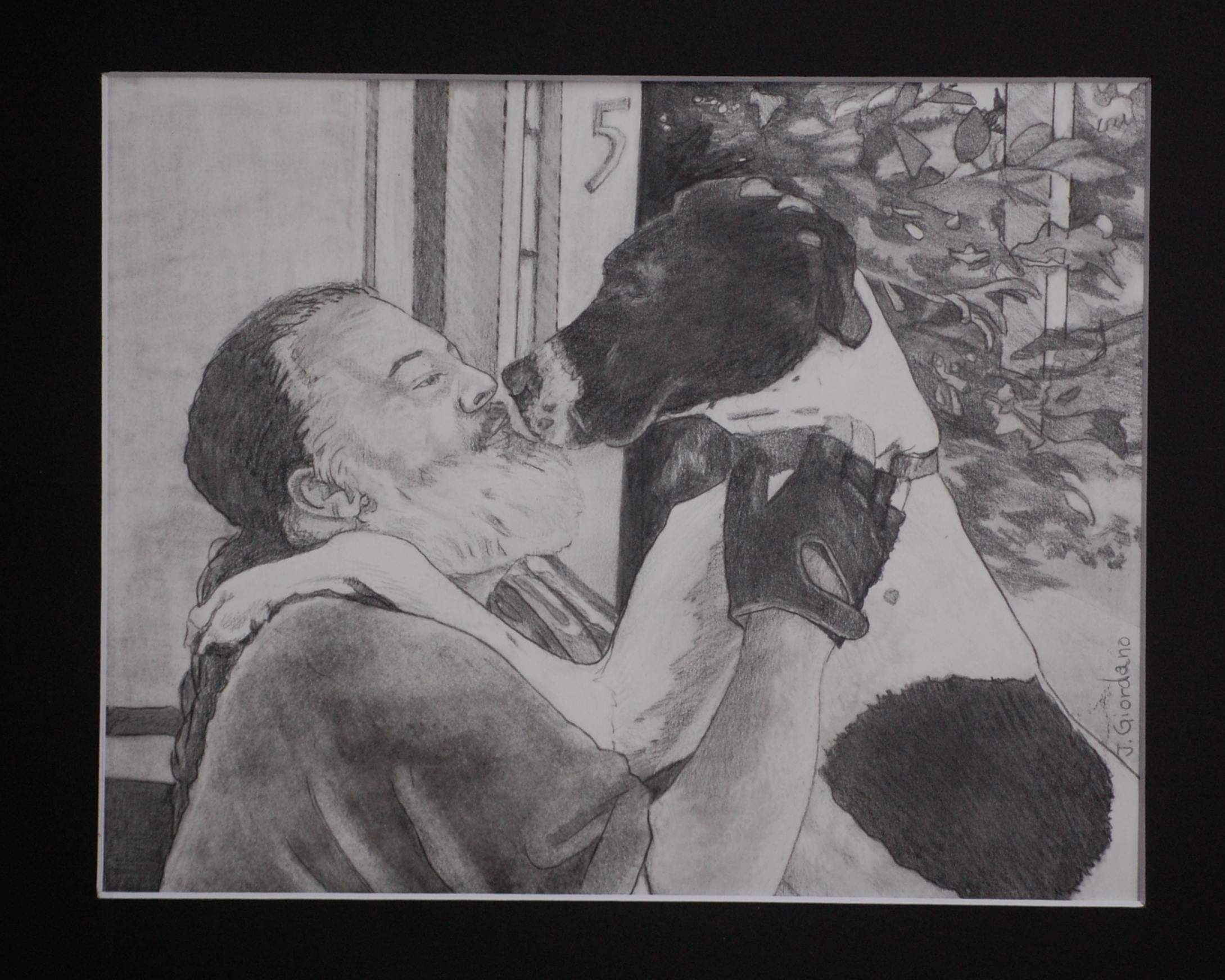 A pencil drawing of Michael Mortensen embracing his dog, Lola. Michael, with a beard and long hair tied back, smiles as Lola stands on her hind legs and nuzzles his face affectionately. The background includes a doorway marked with the number 5 and leafy branches to the right, capturing a warm moment of love and companionship.